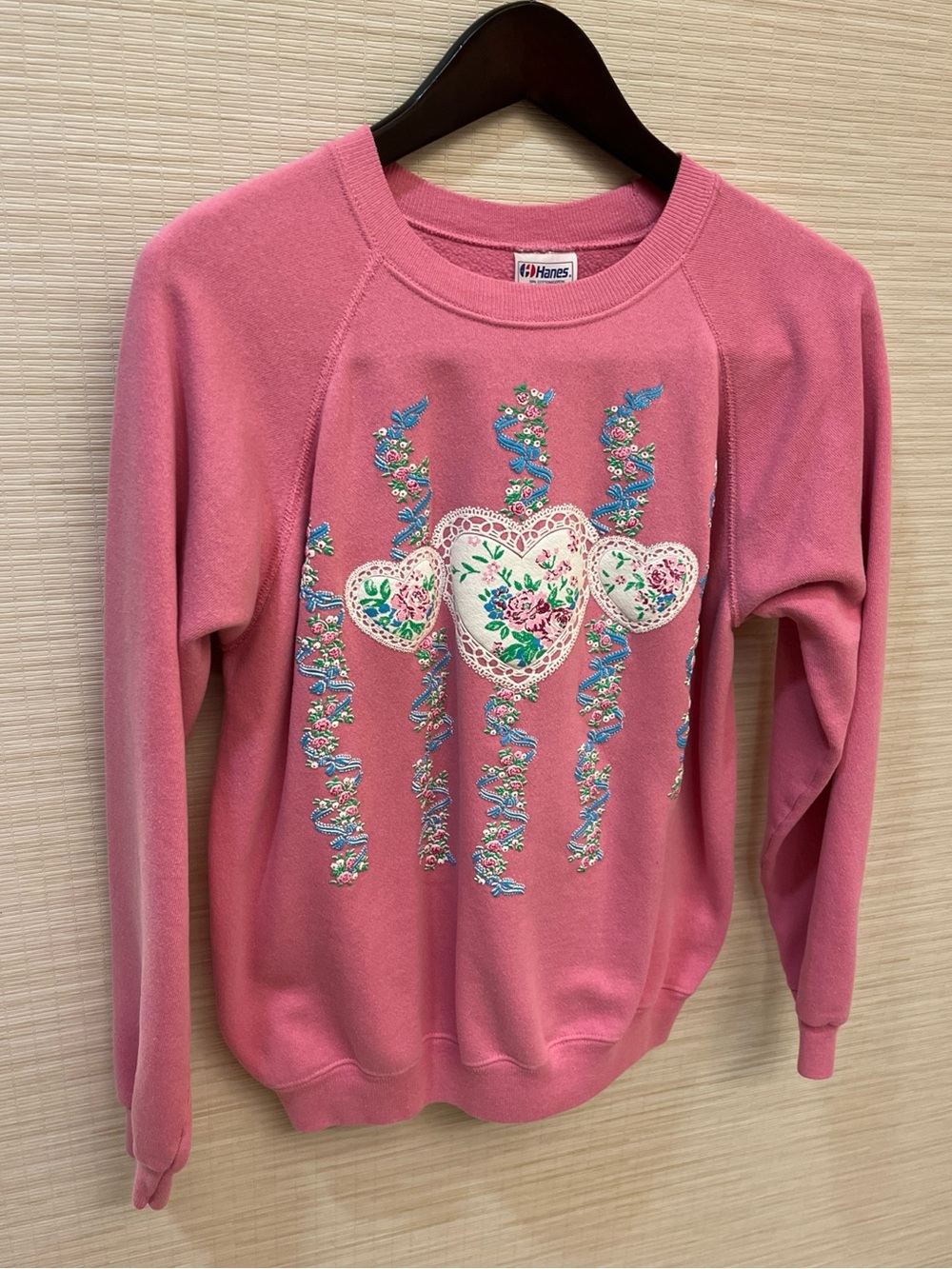 Hanes Pink Crewneck Sweatshirt with Embroidered Hearts cottagecore